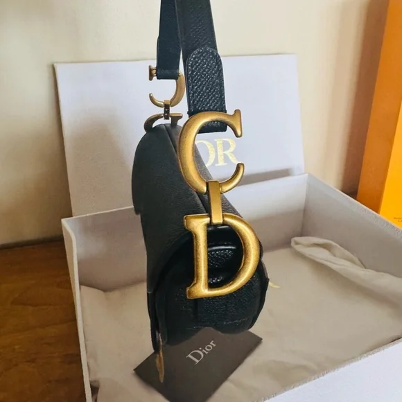 Like New 💕 DIOR Mini Saddle Bag Black Grained Calfskin Leather Gold Shoulder Bag - Picture 7 of 16